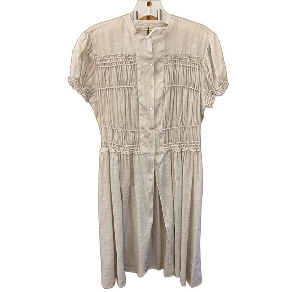Max Studio Linen Ramie Blend Tunic top M Short Sleeve Smocked Button Khaki Brown - Picture 16 of 16
